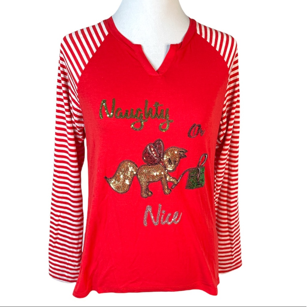 Poof! Kitty Naughty or Nice Shirt, Red, Cream, Green, Medium